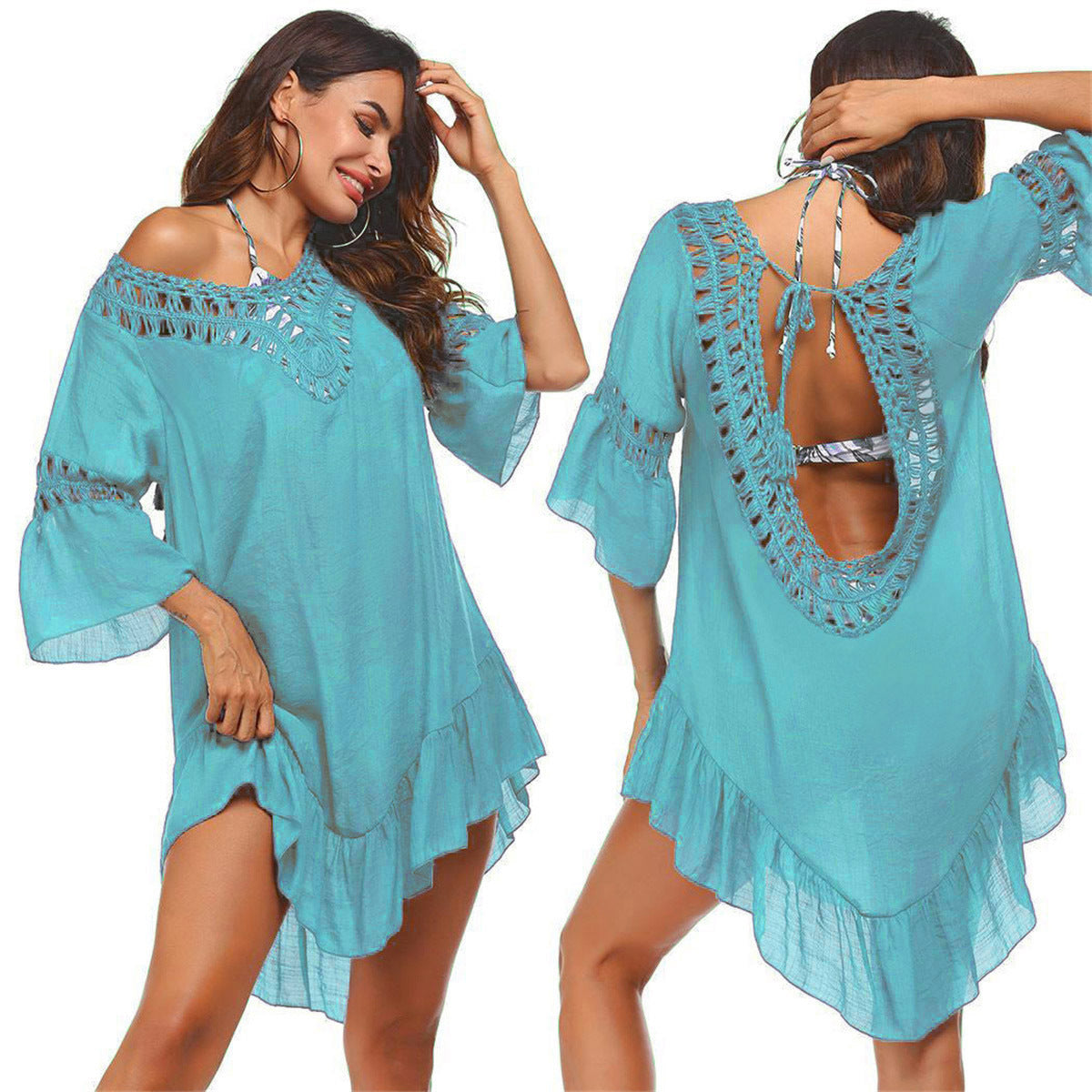 Hand Crocheting Stitching Smock Dress Beach Cover-up Slub Cotton Crochet Île papillon