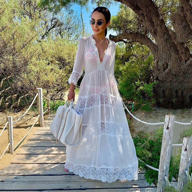Women Crochet Beach Knitted Beach Cover Up Dress Tunic Long Île papillon