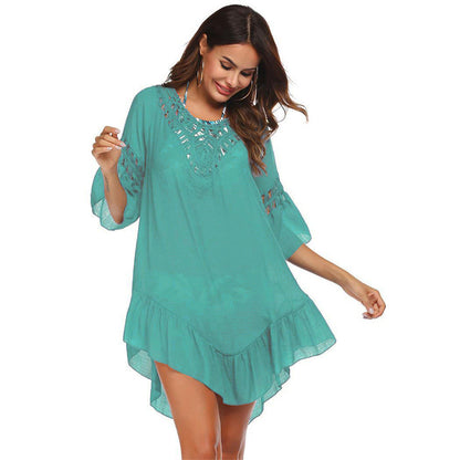 Hand Crocheting Stitching Smock Dress Beach Cover-up Slub Cotton Crochet Île papillon