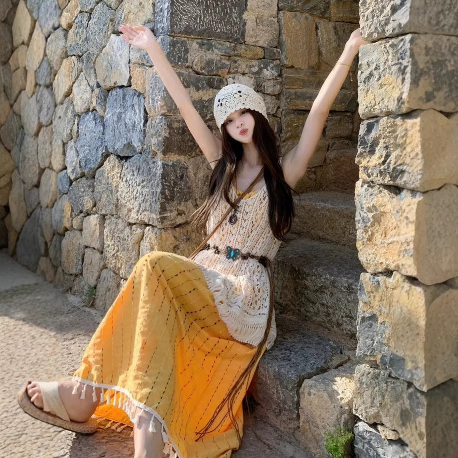 Bohemian Crochet Tassel Hollow-Out Long Skirt Sun-Protective Cover-Up Womens Dress Île papillon