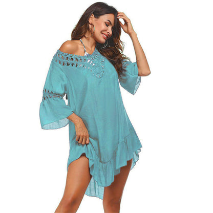 Hand Crocheting Stitching Smock Dress Beach Cover-up Slub Cotton Crochet Île papillon