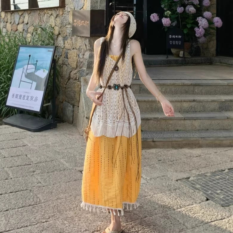 Bohemian Crochet Tassel Hollow-Out Long Skirt Sun-Protective Cover-Up Womens Dress Île papillon
