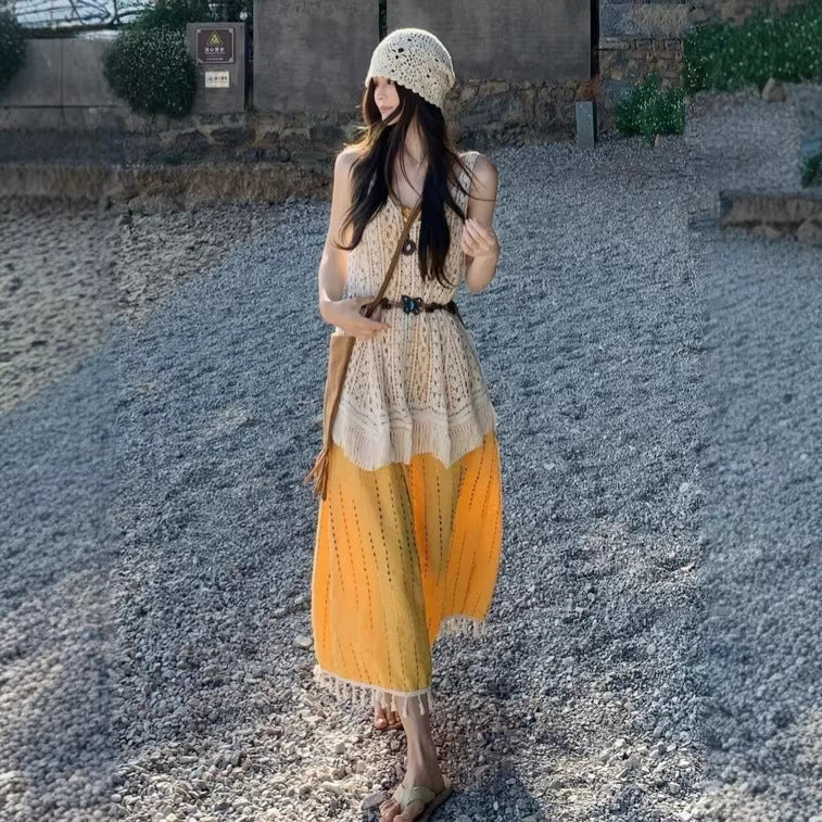 Bohemian Crochet Tassel Hollow-Out Long Skirt Sun-Protective Cover-Up Womens Dress Île papillon