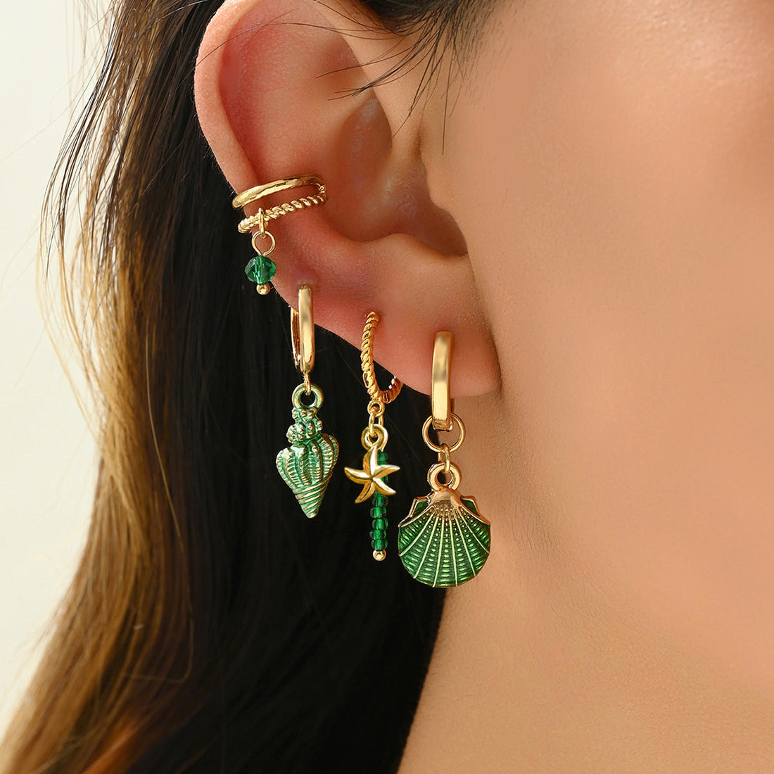 Colorful Shell Conch Drop Earrings Ear Cuff Beaded Earrings Bohemian Ocean Style 4Pcs Jewelry Set Île papillon